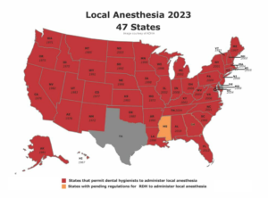 United States Map of 47 States where local anesthesia is permitted by dental hygienists
