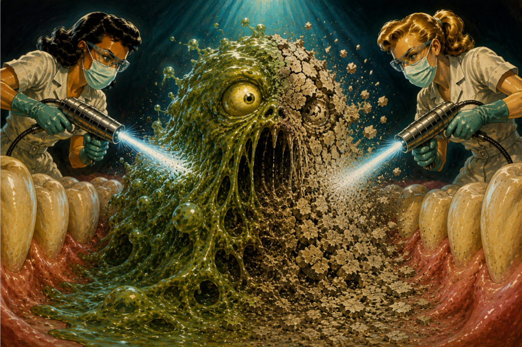 Sci Fi Hygienists destroying a biofilm creature