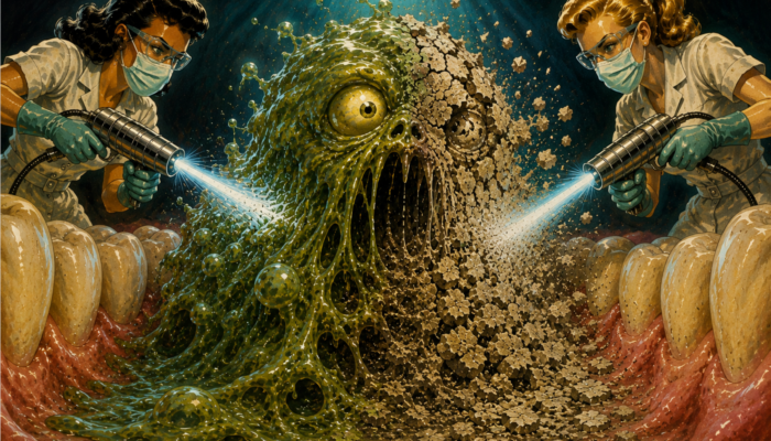 Sci Fi Hygienists destroying a biofilm creature